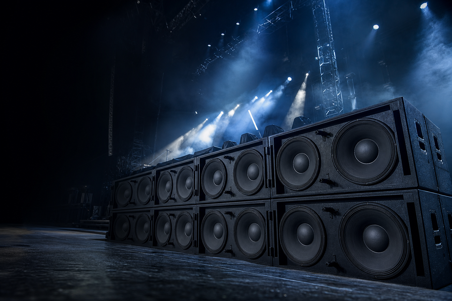Alpha S218 dual-18 subwoofer stacks on stage floor